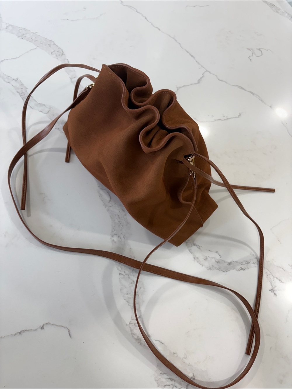Ann Taylor Cognac Brown Suede Drawstring Shoulder Bag Purse - Picture 6 of 14